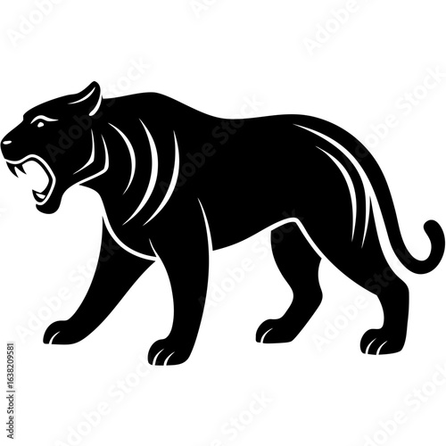 Black silhouette of a prehistoric saber toothed tiger