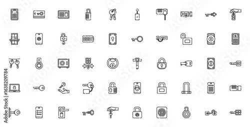 Keys and Locks icon set. Security vector collection. Includes password, key card, fingerprint scanner, padlock, safe box, door knob, retinal scanner and more. Editable thin line icons.