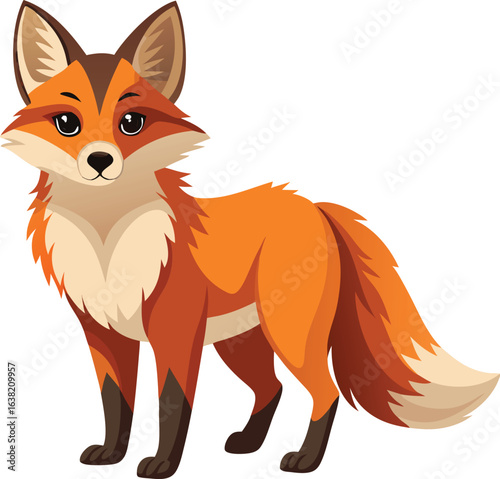 Cartoon style red fox cub, also known as Vulpes vulpes, standing and isolated on a white background