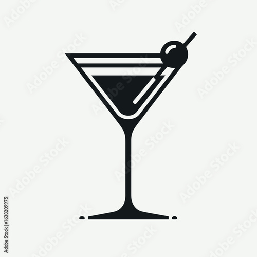 Stylized illustration of a martini glass with an olive in black and white
