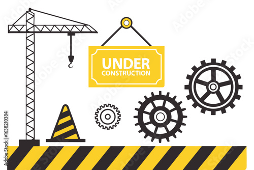 Vector design of an 'Under Construction' website banner, showing the construction phase on a white backdrop.