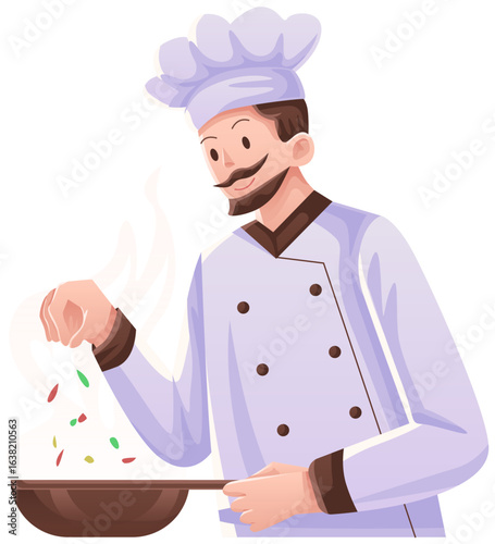 Male chef pour ingredients in the pan