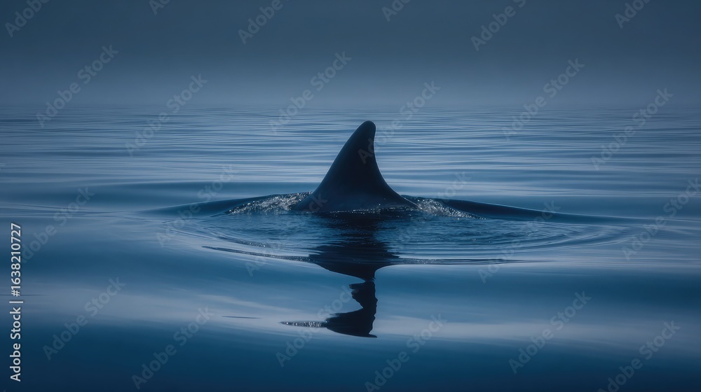 Fototapeta premium Minimalist photo of dolphin fin creating smooth ripple in endless blue ocean