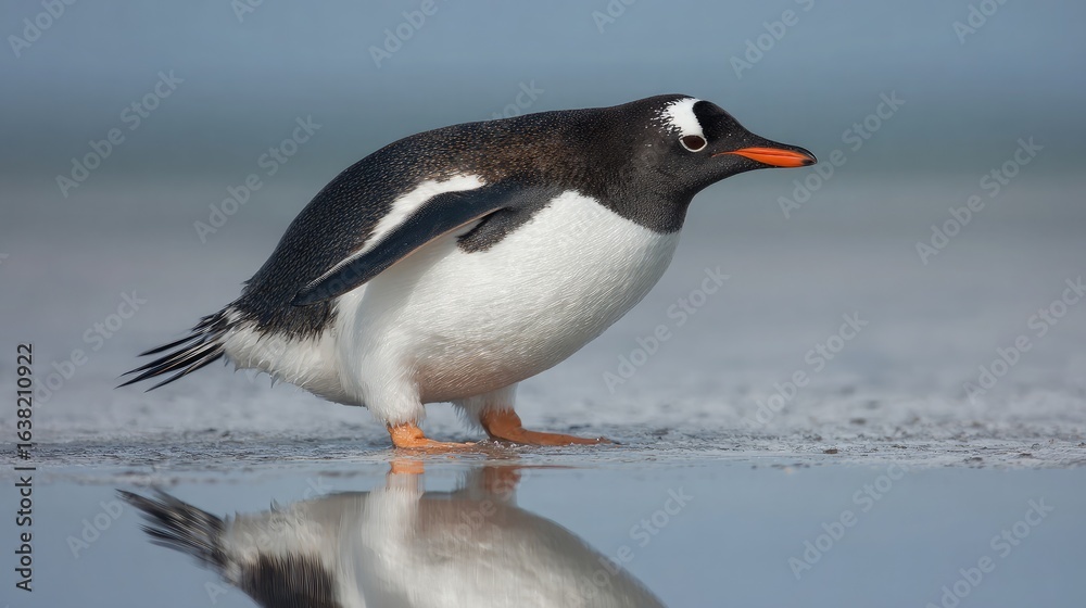 Fototapeta premium Penguin's reflection on slick ice during early morning light
