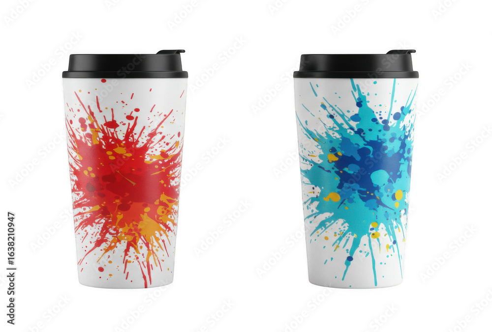Fototapeta premium Two tall coffee cups with vibrant paint splatter designs isolated on transparent background