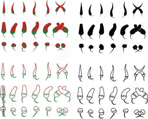Chili pepper icon set, capsicum collection hot spice vector group, jalapeno silhouette and outline, cayenne symbol bundle, vegetable pictogram pack in flat and line style for seasoning design isolated