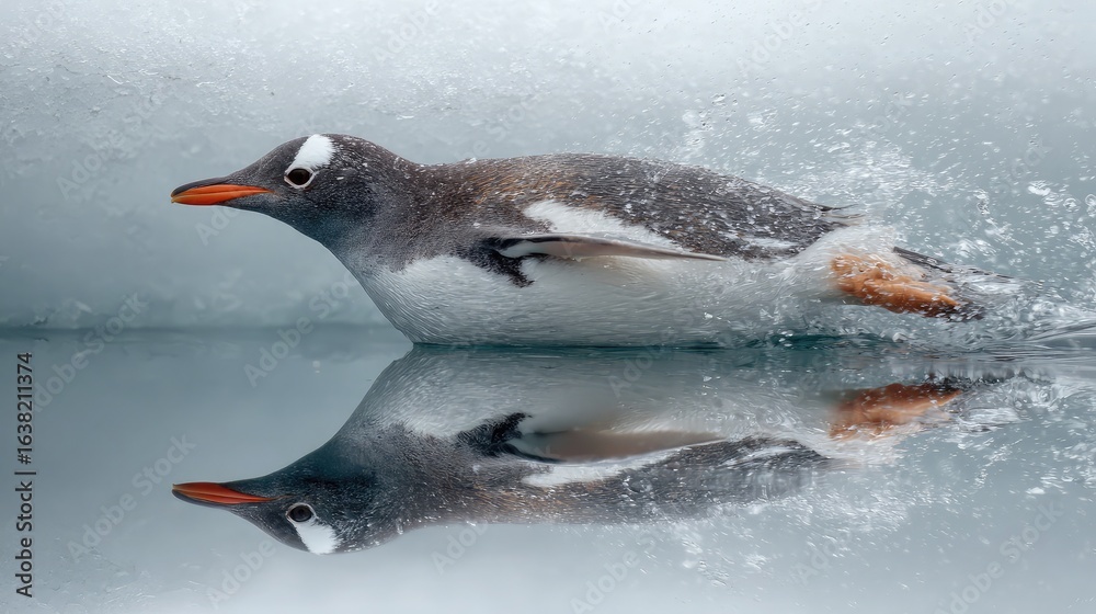 Naklejka premium Penguin gliding smoothly through water just below a frozen surface