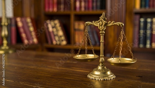 Golden scales of justice on a wooden desk in front of bookshelves