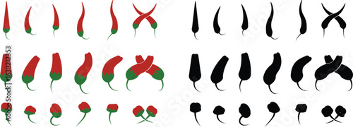 Chili pepper icon set, capsicum collection hot spice vector group, jalapeno silhouette and outline, cayenne symbol bundle, vegetable pictogram pack in flat style for seasoning design isolated