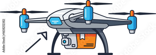 Cartoon illustration of a drone carrying a package, equipped with a camera, ready for delivery.