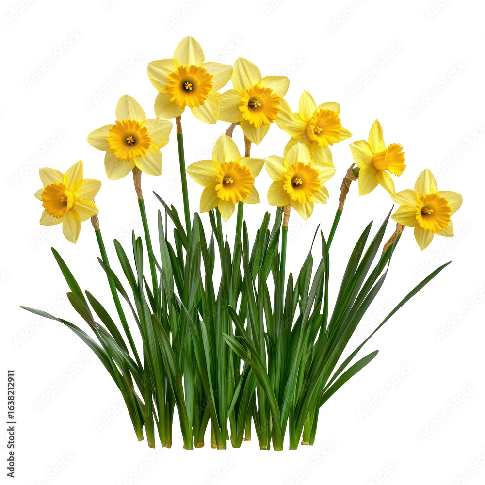 Fototapeta premium A daffodil patch, glowing in the early morning sun. full length isolate on transparent background