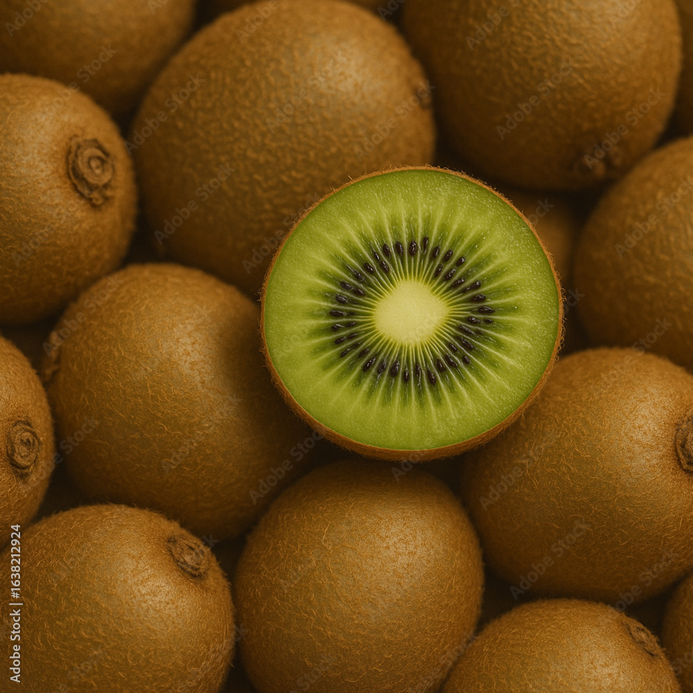 Fototapeta premium Fresh kiwifruits with one sliced open, revealing vibrant green flesh and black seeds. Perfect for concepts of healthy eating, tropical fruit, organic produce, diet, and vitamin-rich food photography.