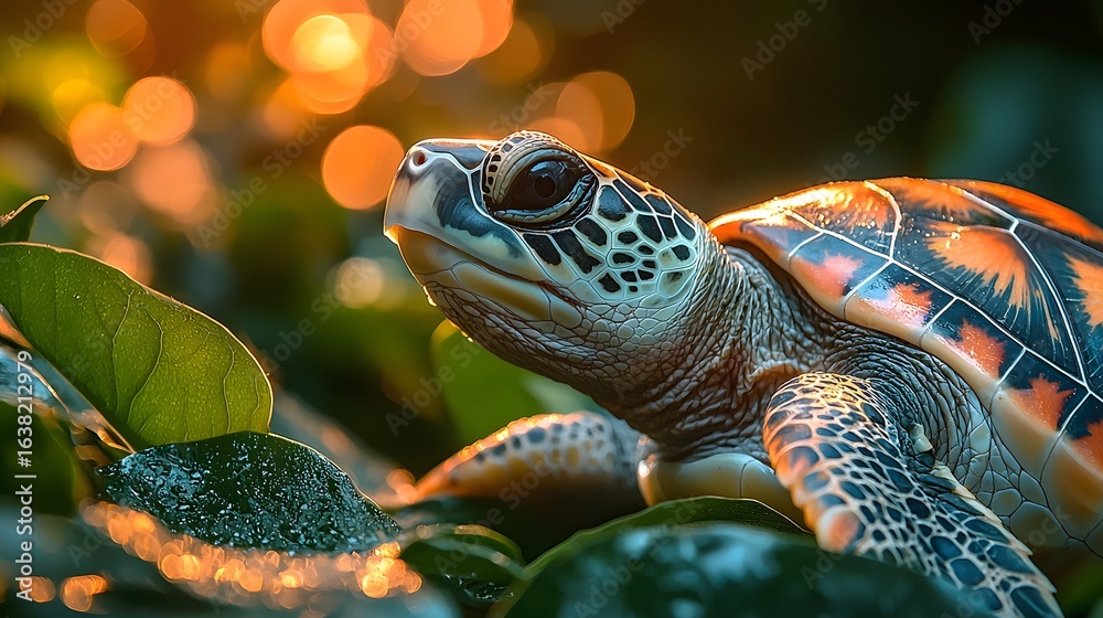 Turtle resting in peaceful green energy refuge Turtle resting in peaceful green energy refuge