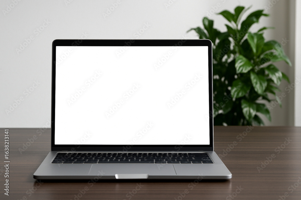 Fototapeta premium Laptop with blank white screen for mockup on a wooden desk in a cozy, sunlit home office setting.