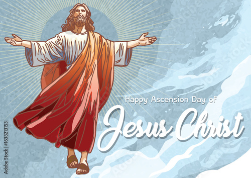 Happy Ascension Day of Jesus Christ Vector Illustration. Jesus in the clouds, with his arms spread out, wearing a long robe and a halo around his head. Horizontal banner, greeting card, cover, poster.