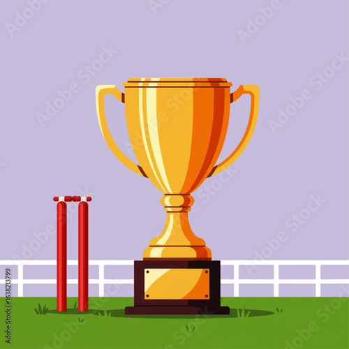 A gleaming gold trophy stands proudly on a cricket pitch, next to the wickets, signifying victory in the game.