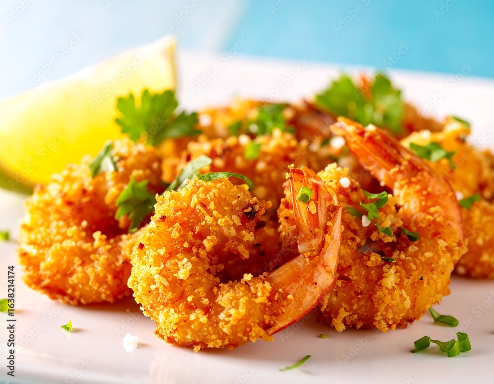 Crispy shrimp, lime, parsley garnish Crispy shrimp, lime, parsley garnish