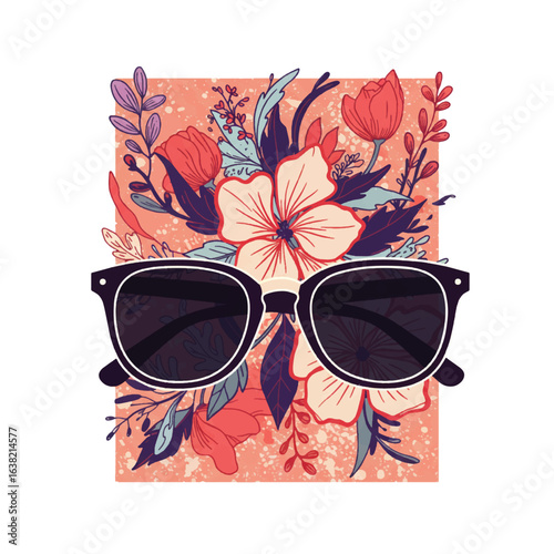 Stylish sunglasses nestled amidst a vibrant, blooming floral arrangement, creating a summery design.