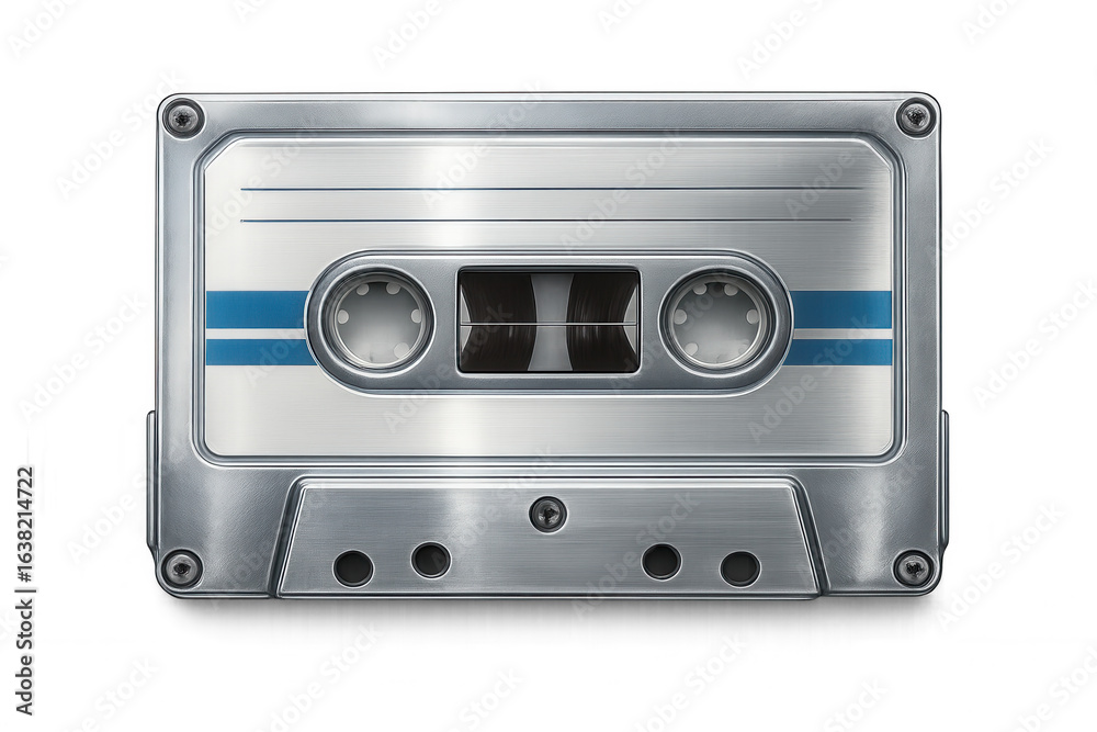 Fototapeta premium Vintage metallic audio cassette tape lying flat, representing analog music era and retro sound storage technology