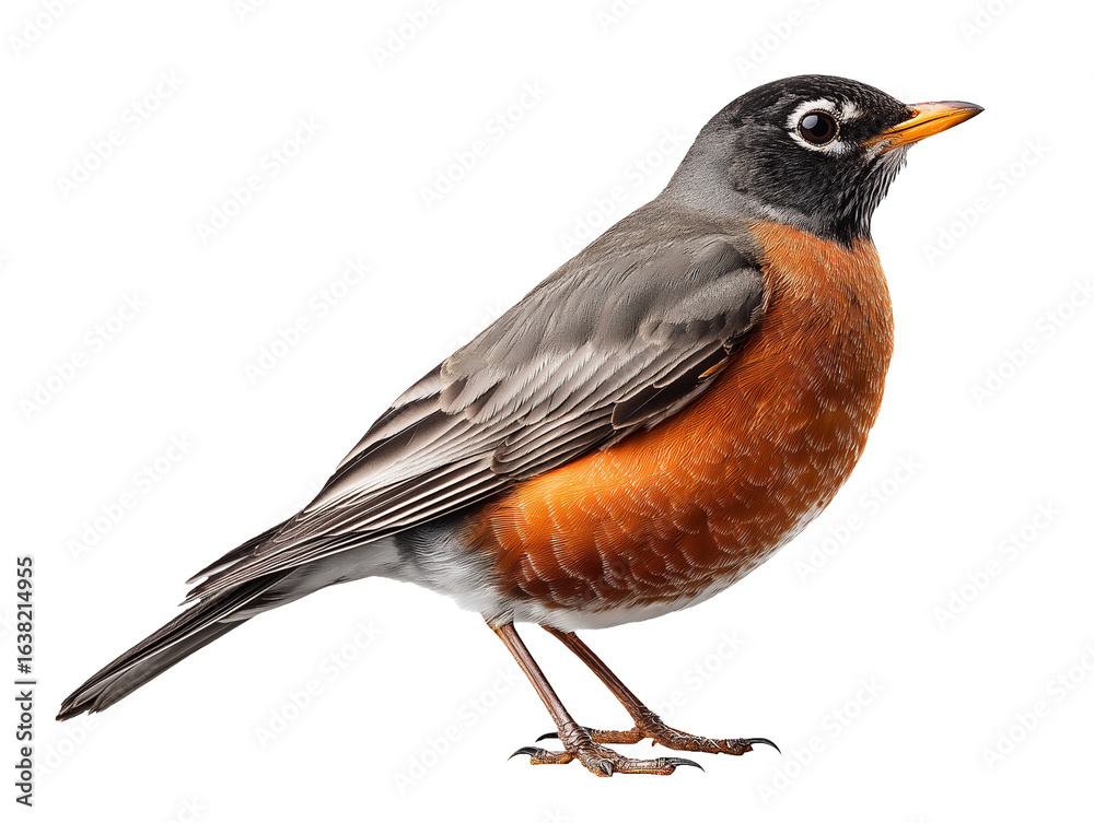 Detailed robin bird with orange breast, gray wings, and black head on transparent background Detailed robin bird with orange breast, gray wings, and black head on transparent background