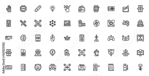 Technology icon set. Minimal vector tech collection. Includes wired gloves, smartwatch, drone, VR, 3D printer, motherboard, router, RAM, SSD and more. Editable stroke.