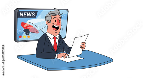 Man in suit sitting at desk reading from paper while news screen shows rocket launch