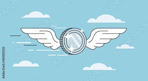 A silver coin with white wings soaring through a bright blue sky with fluffy white clouds