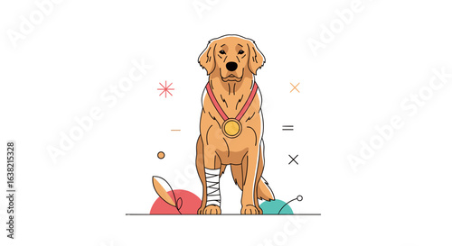 Golden retriever wins medal with injured paw surrounded by toys and decorations illustrating a champion animal
