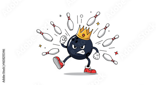 Cartoon bowling ball character wearing a crown knocking over pins in a game of ten pin bowling