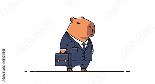 A dapper capybara dressed in a sharp business suit carries a briefcase and appears quite serious