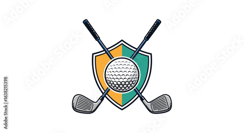 Classic golf emblem featuring crossed clubs protecting a textured ball within a shield