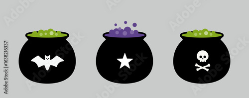 Set of witch's potion cauldron bubbling with boiling water.
Halloween Witch cauldron flat vector illustration.
