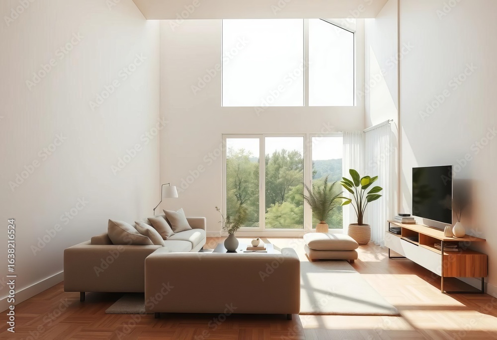Fototapeta premium Sunlit minimalist living room, empty, clean lines, neutral palette, clean, luxury