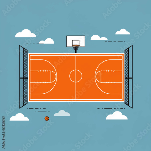 Aerial view of an orange basketball court with hoops, fences, a ball, and clouds against a blue background.