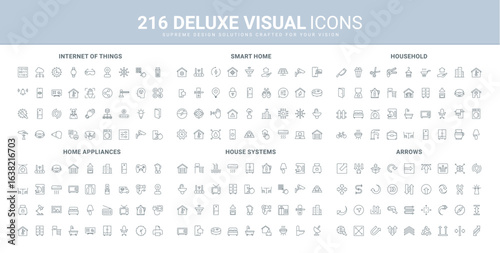 Arrows of direction, household furniture and devices, domestic system control, IOT line icon set. Electric appliances of house, sensors of smart home thin black outline symbols vector illustration