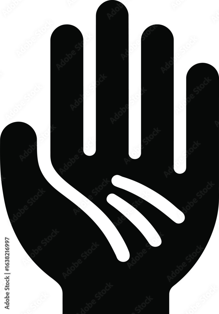 Black Hand Gesture with Waves Icon – Simple Hand Sign, Minimalist Illustration