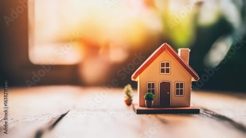 Small house model sits on weathered wood table with bright sun glow