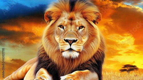 Majestic lion rests on savanna grass during vibrant sunset with fluffy clouds overhead