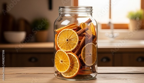 A tall glass jar filled with dried orange slices and cinnamon sticks, blurred rustic kitchen background.