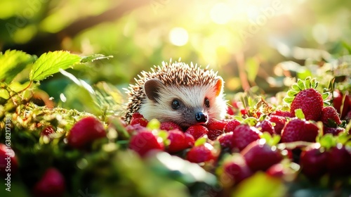 Small hedgehog peers out from among ripe strawberries in warm sunlight