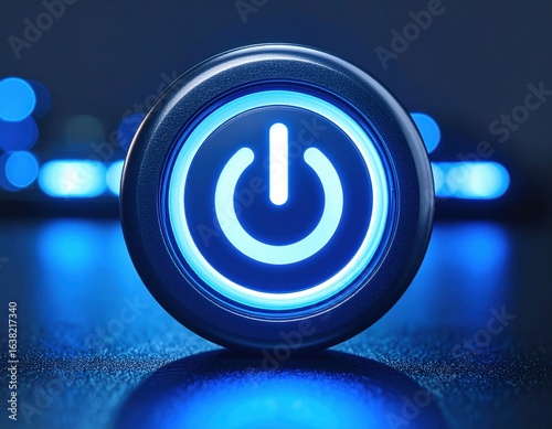 Blue Illuminated Power Button On Dark Background