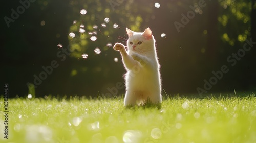 White cat stands on grass batting at floating seeds in sunlit park