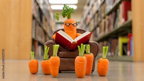 Anthropomorphic carrot wearing glasses reads a book in a library surrounded by other carrots