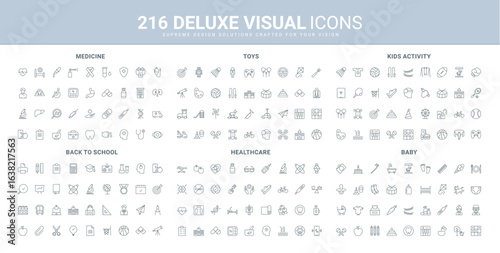 Baby care and fun toys for kids game, sport activity, family health control and healthcare line icon set. Medical support in hospital and at home thin black outline symbols vector illustration