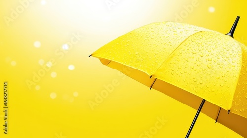 Yellow umbrella holds water drops on bright background