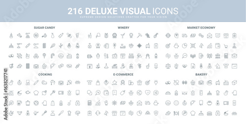 Bakery and confectionery with candy and bread, sugar product assortment, winery line icon set. chefs cooking tools, market economy and online shop sales thin black outline symbols vector illustration