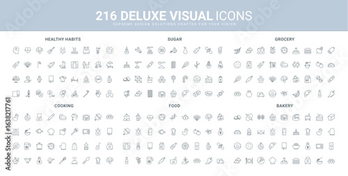 Sugar, sweetener and sweets of bakery, cooking tool, healthy habit, sport and diet line icon set. Confectionery and grocery store products, drinks thin black outline symbols vector illustration
