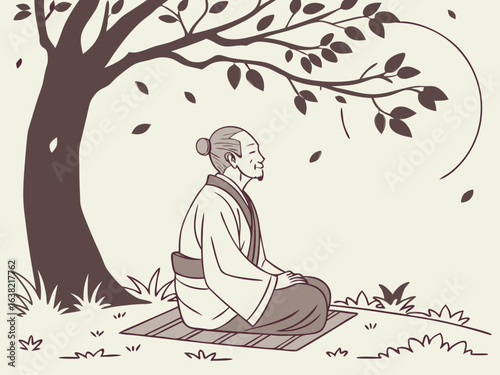 Illustration of a couple practicing lotus yoga, a pink silhouette of a woman sitting in a tree in a relaxation pose