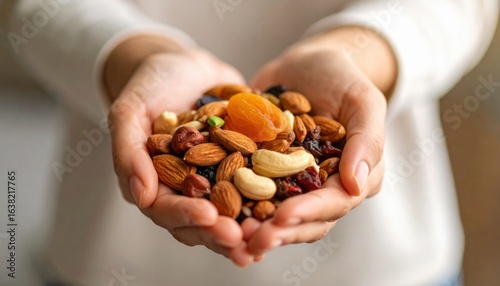 Hands Holding Variety Nuts And Dried Fruits