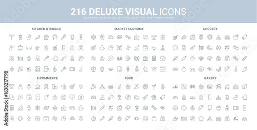 Restaurant food, grocery store and bakery products, trends and support of online commerce line icon set. Market economy, kitchen equipment for cooking thin black outline symbols vector illustration